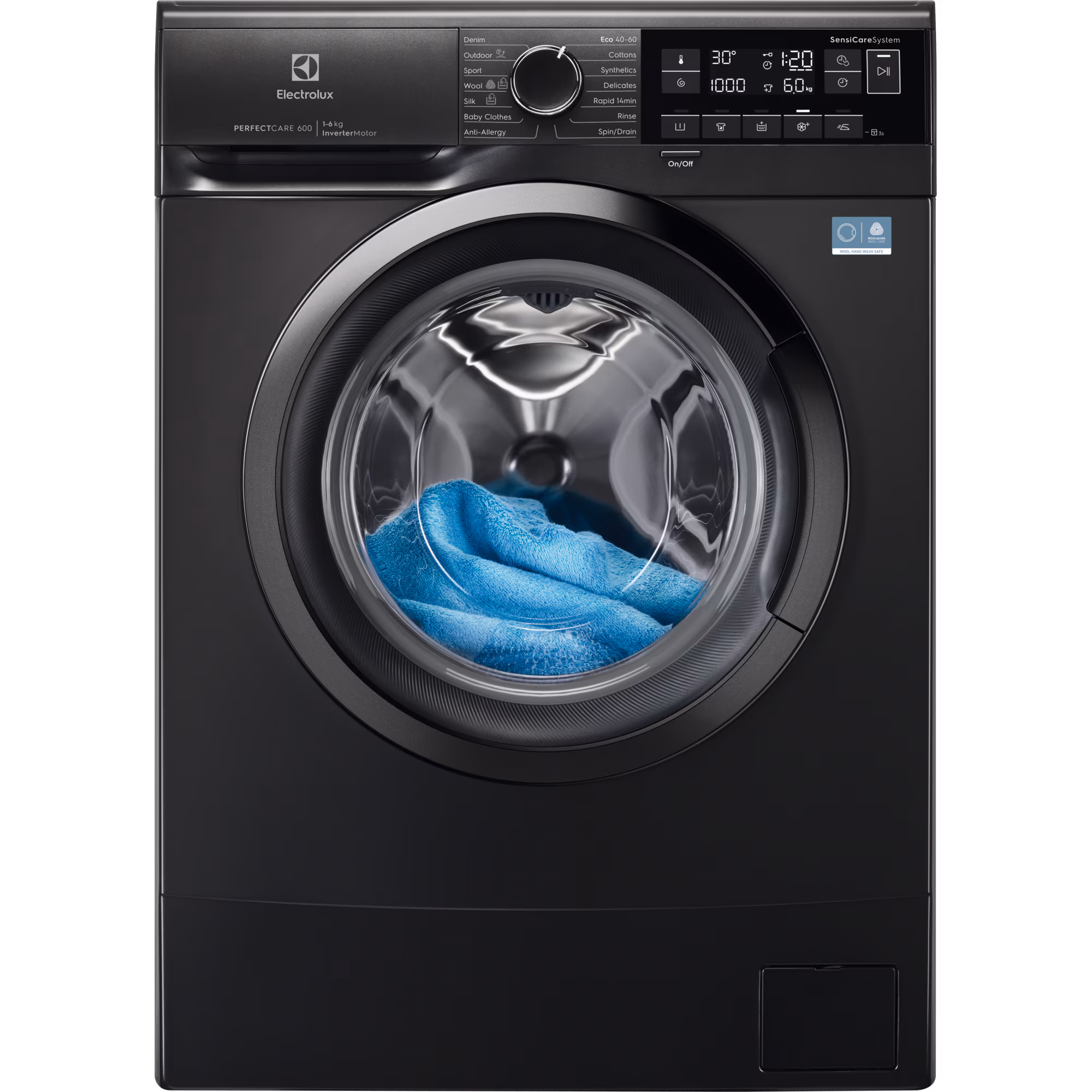 Electrolux EWS6326DXE kitsas 37,8 cm, invertermootoriga pesumasin 6 kg, 1200 p/min, auruf-n, must